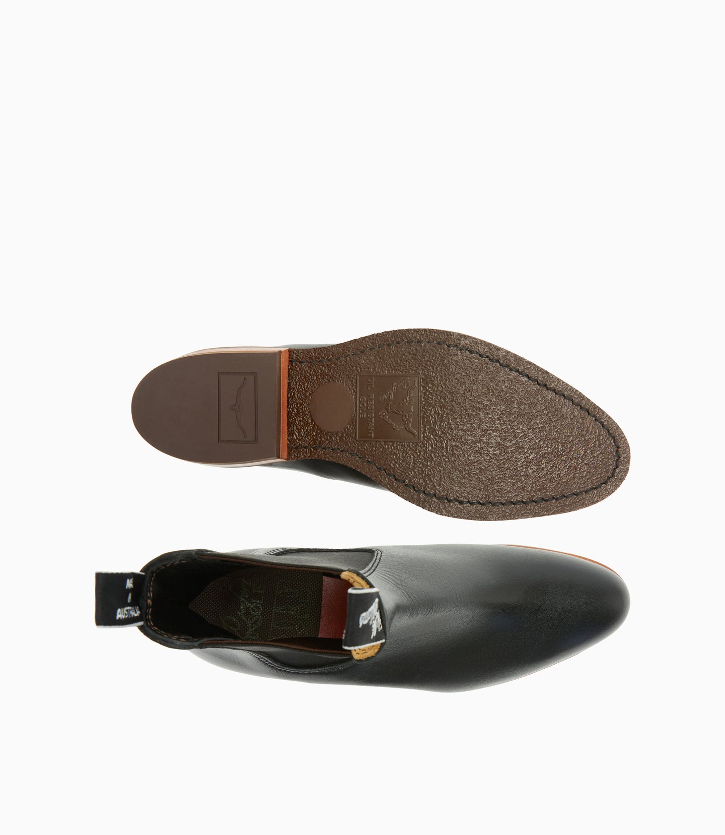 R.M.Williams - Comfort Lady Yearling - Raw Edge - Black showcasing handcrafted boots from the top and sole view.