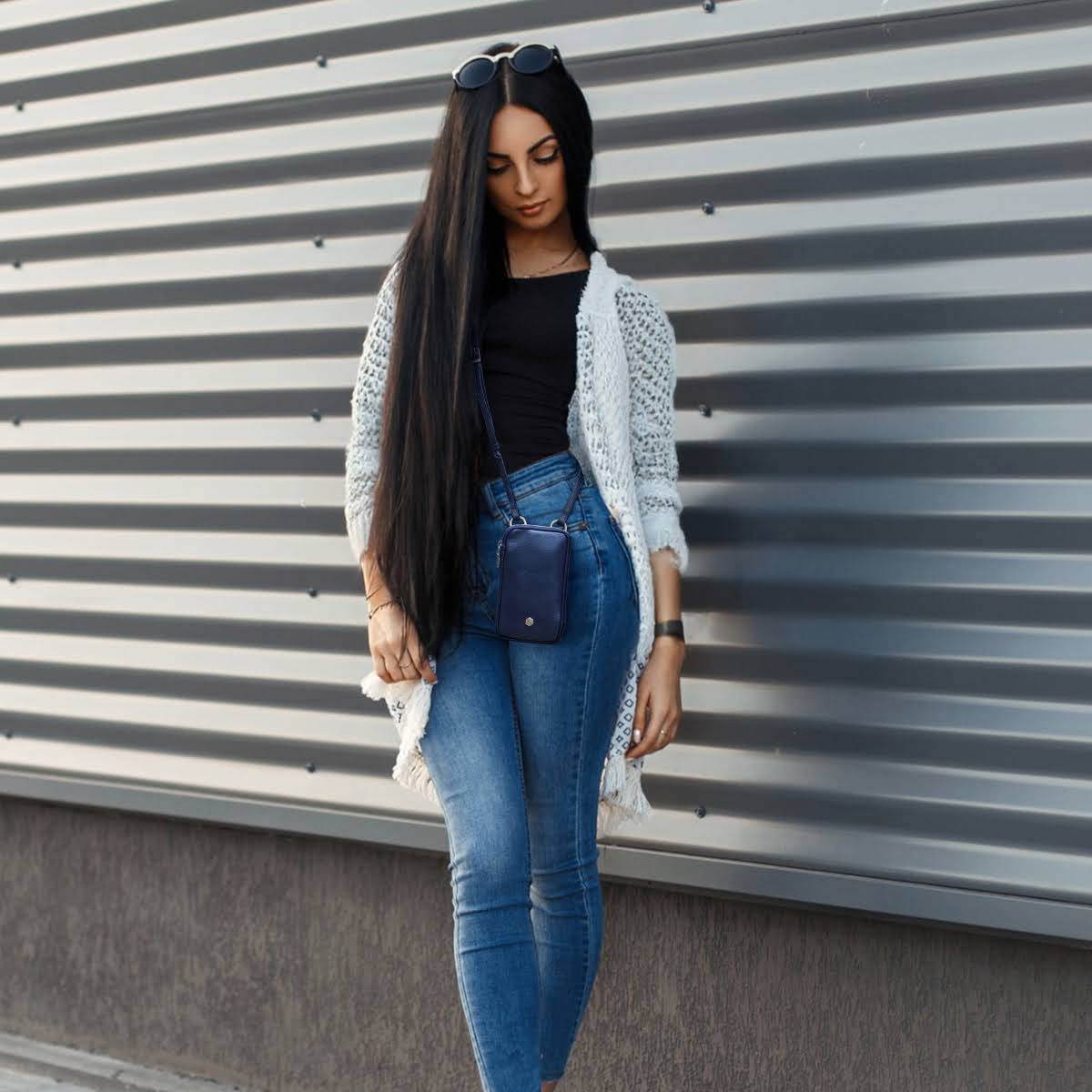 Jekyll and Hide - Mobile Phone Pouch With Strap - Black | Tan | Multiple Colours worn with casual outfit