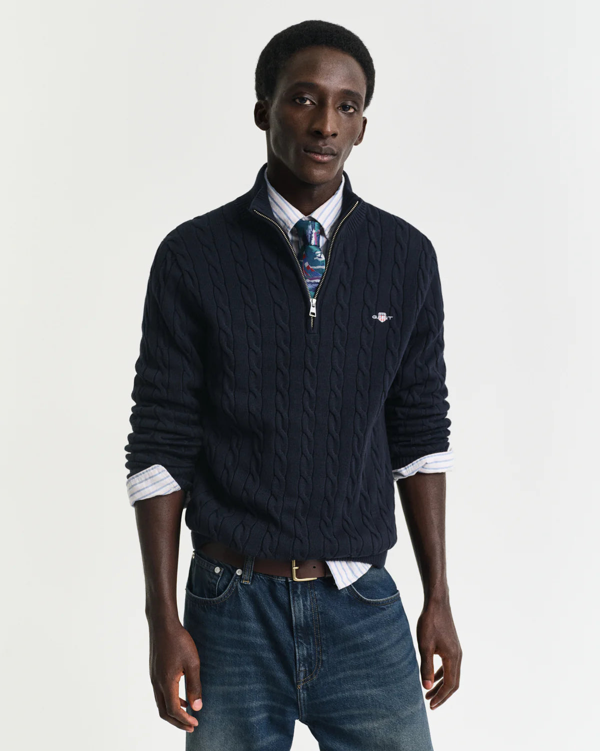 GANT - Cotton Cable Knit Half Zip Jumper - Evening Blue