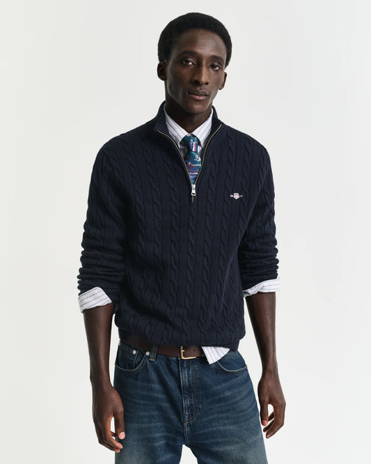 GANT - Cotton Cable Knit Half Zip Jumper - Evening Blue