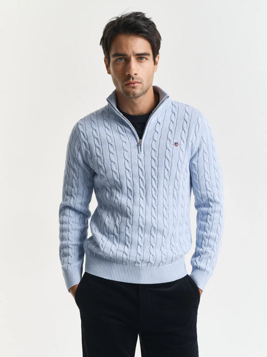 GANT - Cotton Cable Knit Half Zip Jumper - Ice Blue Melange
