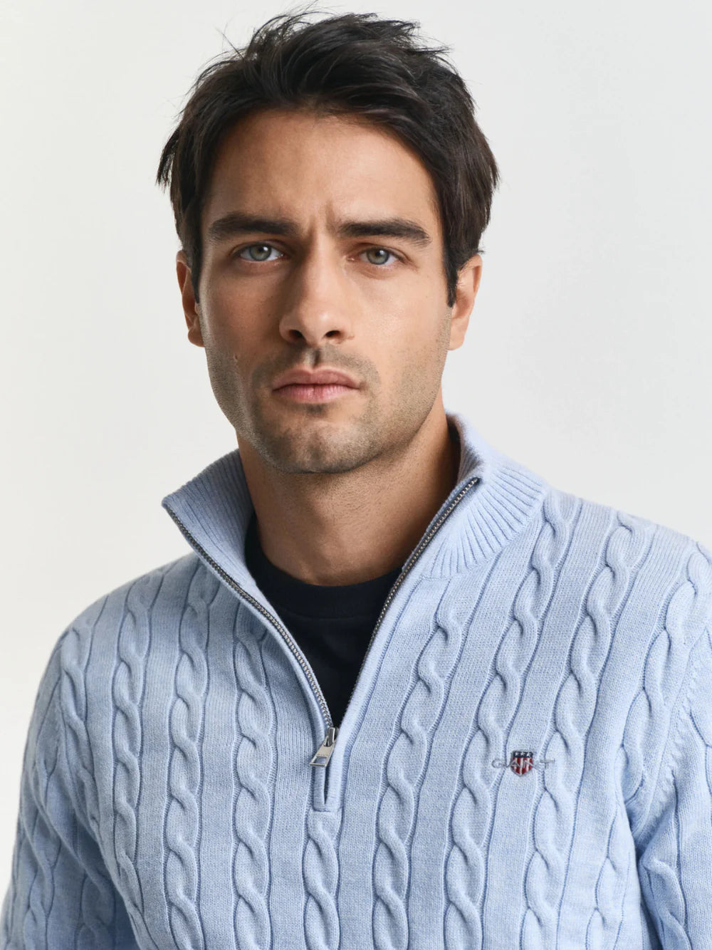 GANT - Cotton Cable Knit Half Zip Jumper - Ice Blue Melange