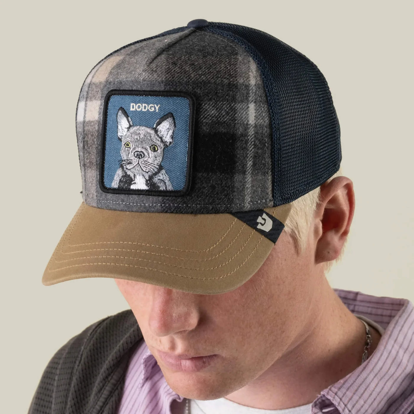 Goorin - Animal Trucker Cap - Dodgy Brit Frenchie - Plaid & Tan