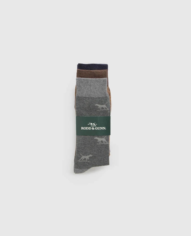Rodd & Gunn - Dogs a Plenty - 3 Pack Socks - Multi - Washed Navy | Brown | Grey displayed on a white background.