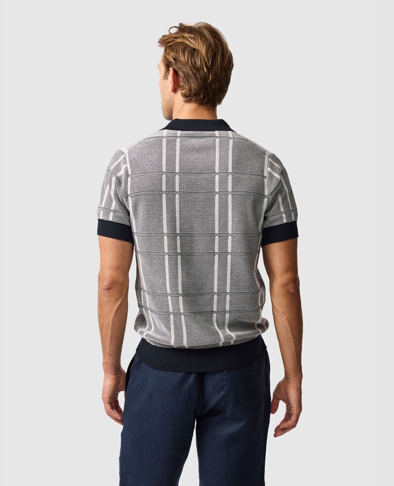 Rodd & Gunn - Dryden Bay Knit Polo - Eclipse, back view showcasing the jacquard check pattern and ribbed details.