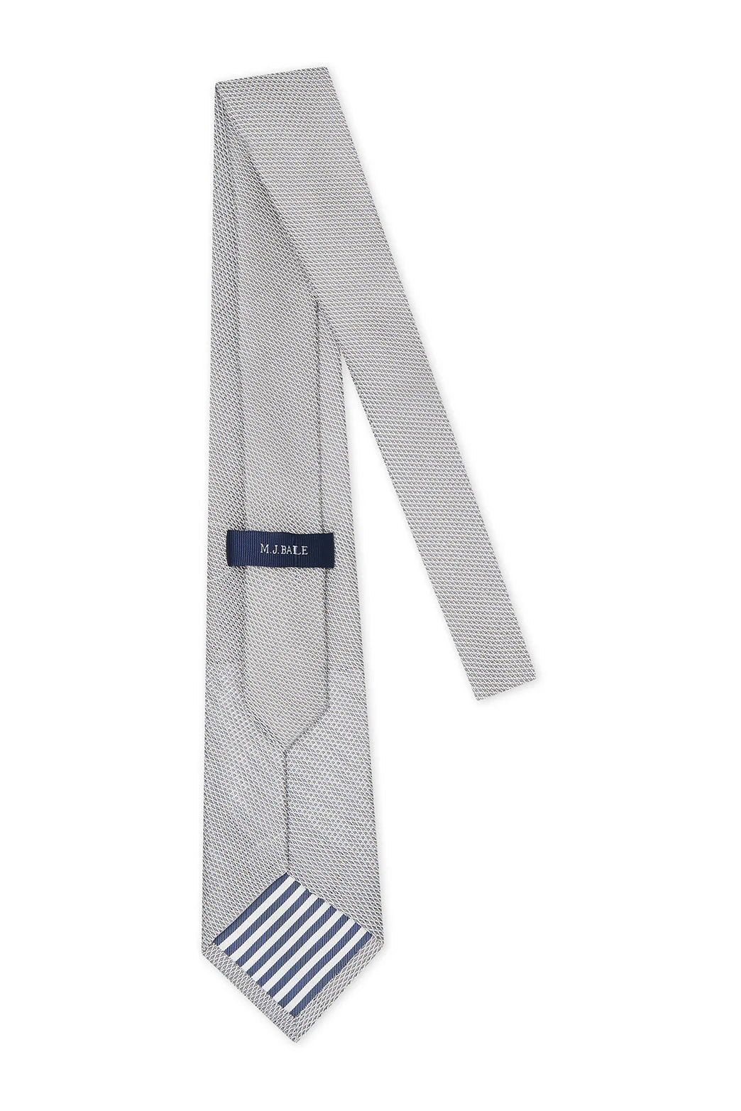 M.J. Bale - Emmett Silk Tie - Grey showcasing a textured design with blue and white stripe silk tipping.