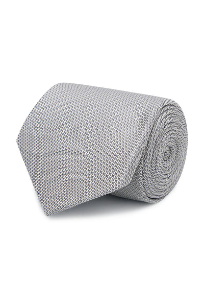 M.J. Bale - Emmett Silk Tie - Grey, textured grey silk tie with blue and white stripe silk tipping.