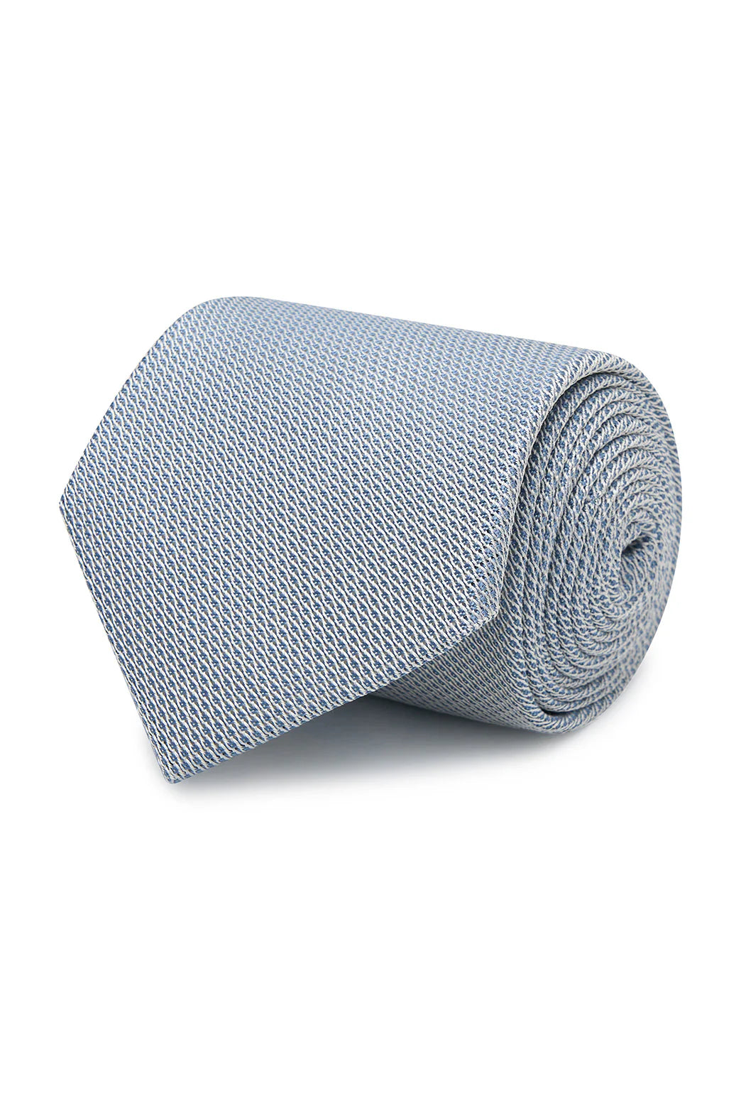 M.J. Bale - Emmett Silk Tie - Sky displayed in a rolled view showcasing its texture and blue color.