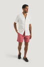 M.J. Bale - Farrelly Side Tab Short- Red worn by a model with a white shirt and brown shoes.