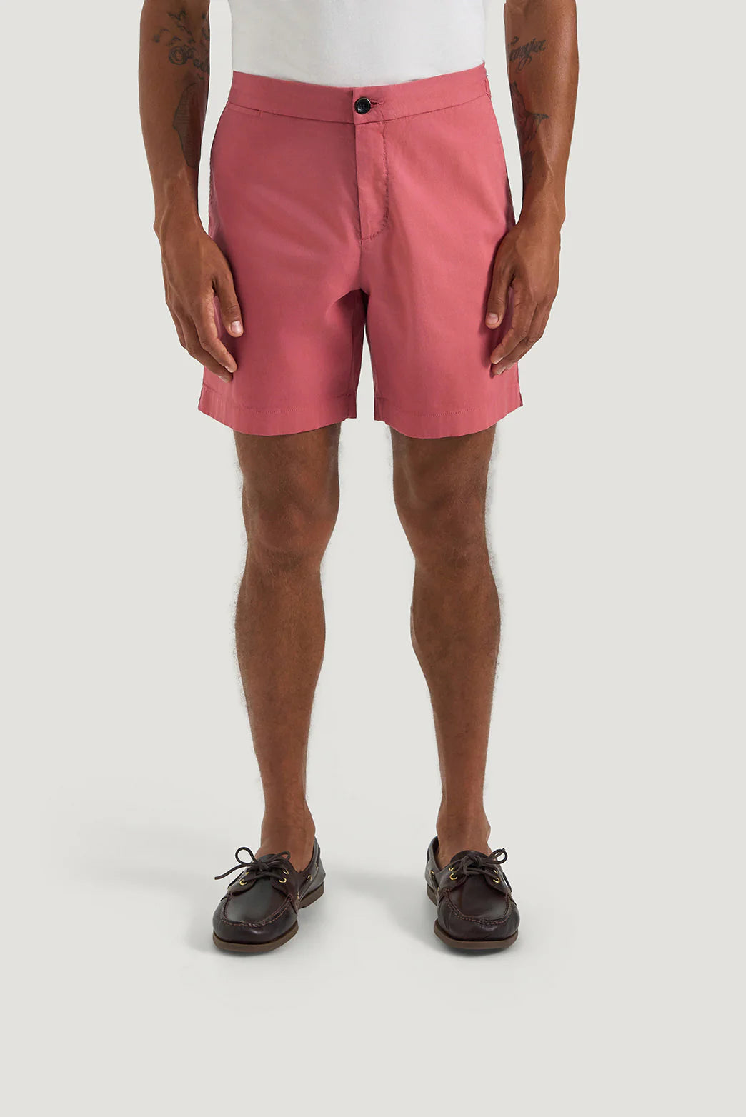 M.J. Bale - Farrelly Side Tab Short- Red worn by model, showcasing regular fit and five-pocket design.