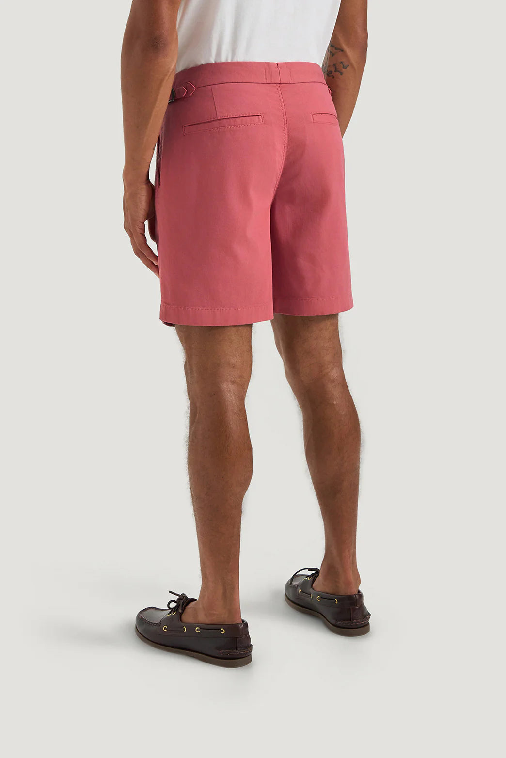 M.J. Bale - Farrelly Side Tab Short- Red, showcasing the back view of a man wearing stylish shorts.