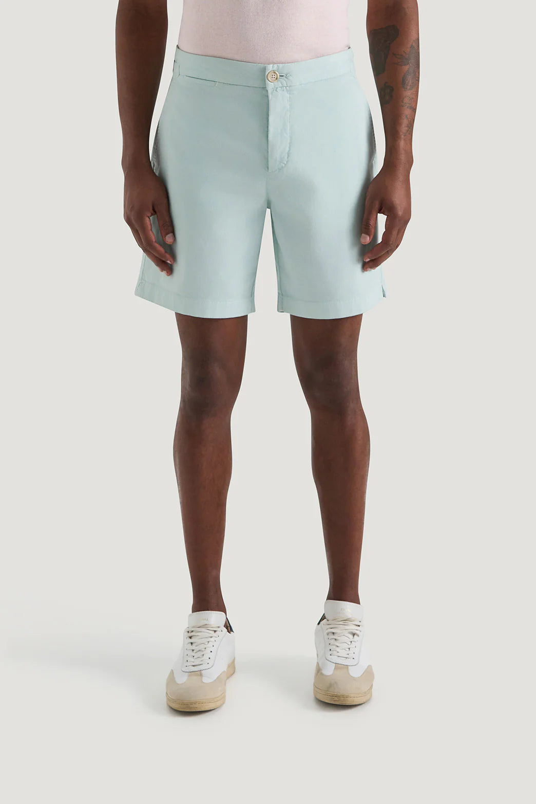 M.J. Bale - Farrelly Side Tab Short- Aqua worn by a model in light blue shorts standing upright.