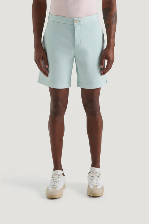 M.J. Bale - Farrelly Side Tab Short- Aqua worn by a model in light blue shorts standing upright.