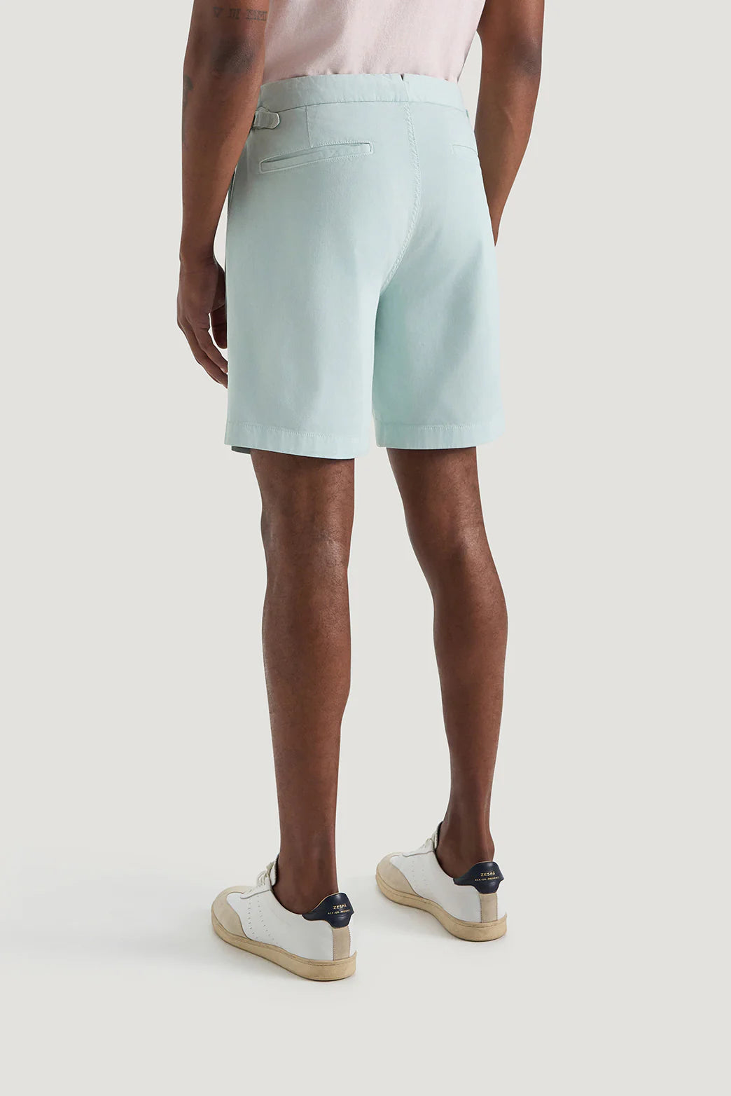 M.J. Bale - Farrelly Side Tab Short- Aqua shown from behind, highlighting the design and fit of the shorts.