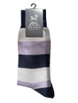 M.J. Bale - Filardi Sock - Stripe - Lilac Grey Navy - Medium showcased with branding label.
