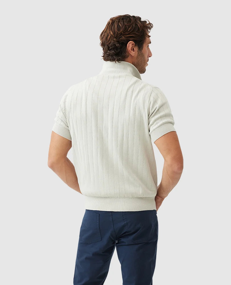 Rodd & Gunn - Freys Crescent Knit Polo - Stone, showcasing the back view with ribbed collar and subtle jacquard design.