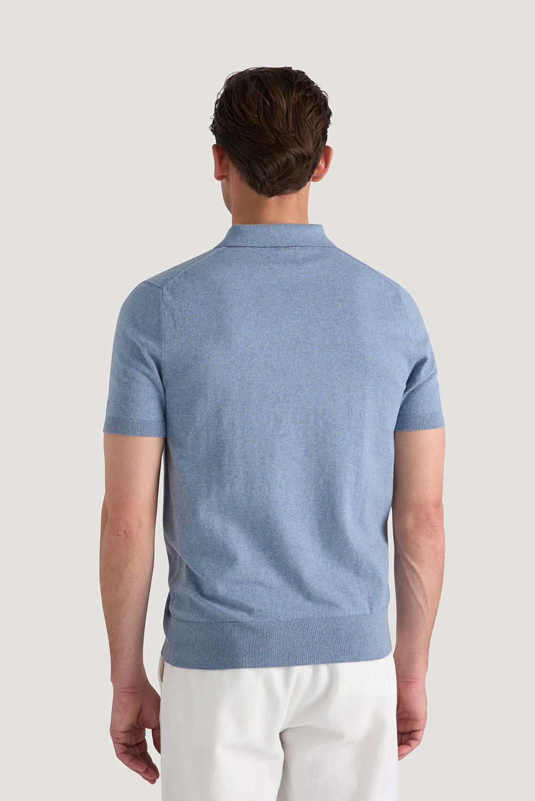 Back view of M.J.Bale - Furlong Polo - Cotton/Cashmere Blend - Blue Melange showcasing its luxurious design.
