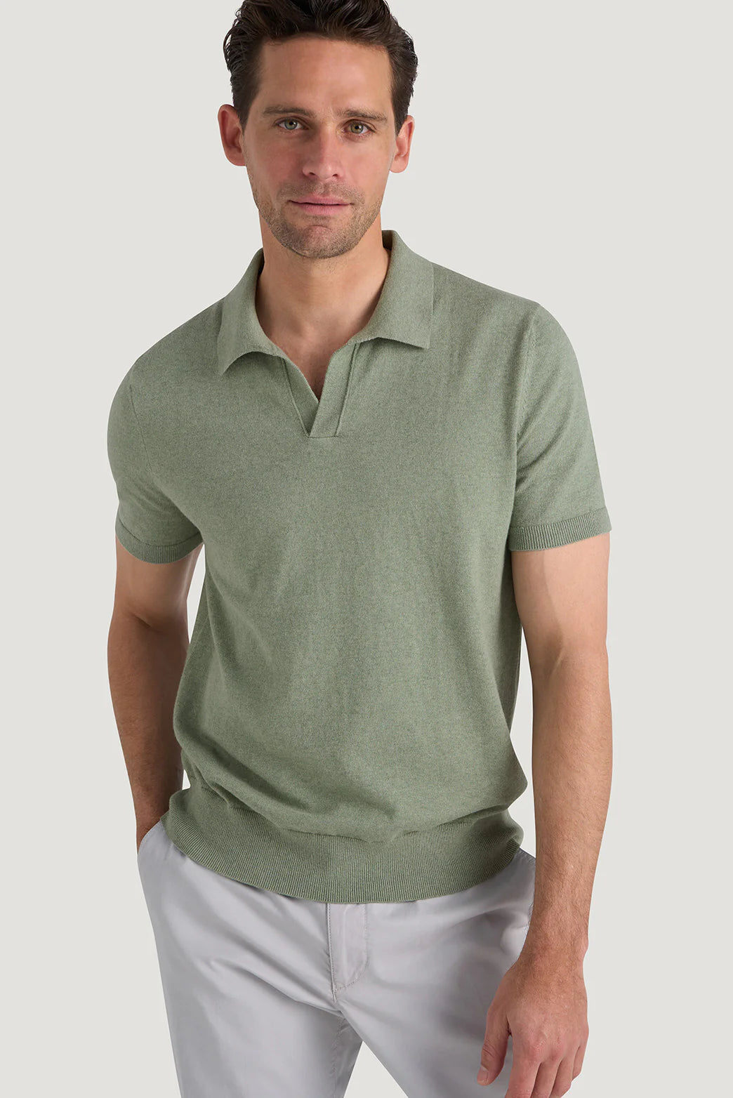 M.J. Bale - Furlong Polo - Cotton/Cashmere Blend - Vintage Sage Melange worn by a model, showcasing its sporty style.