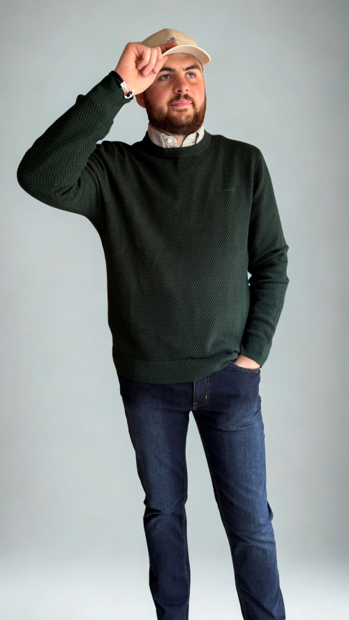 GANT - Textured Cotton Merino Crew Neck Jumper - Tartan Green