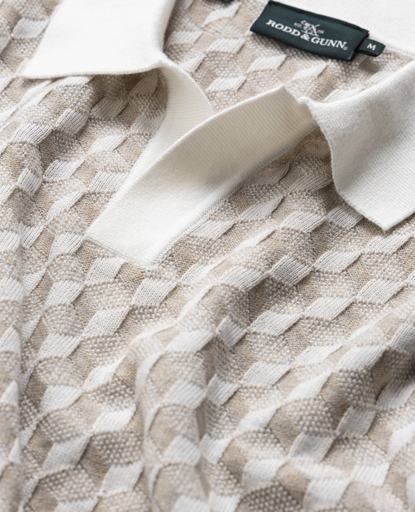 Rodd & Gunn - Galdfield Knit Polo - Cream showcasing the intricate geometric stitch design and solid collar.