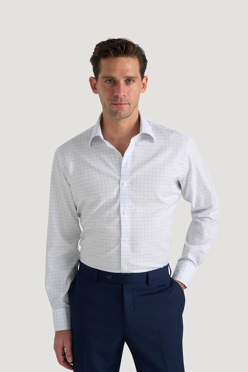 M.J. Bale - Garrett Oxford Shirt - Check - Sky/Navy - MULTIBUY worn by a model, showcasing its slim fit and premium cotton fabric.