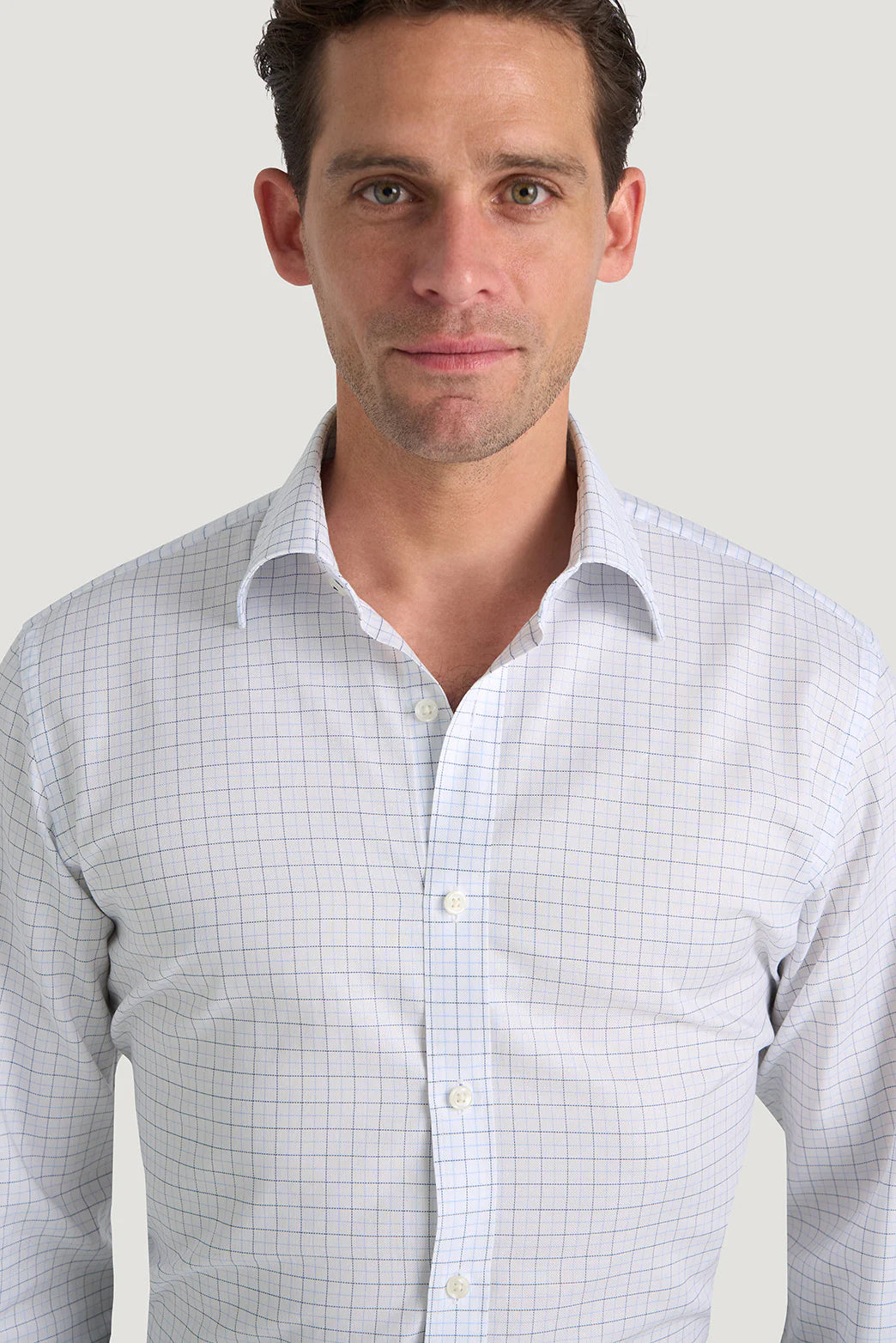 M.J. Bale - Garrett Oxford Shirt - Check - Sky/Navy - MULTIBUY worn by model, showcasing premium cotton fabric in grid check design.