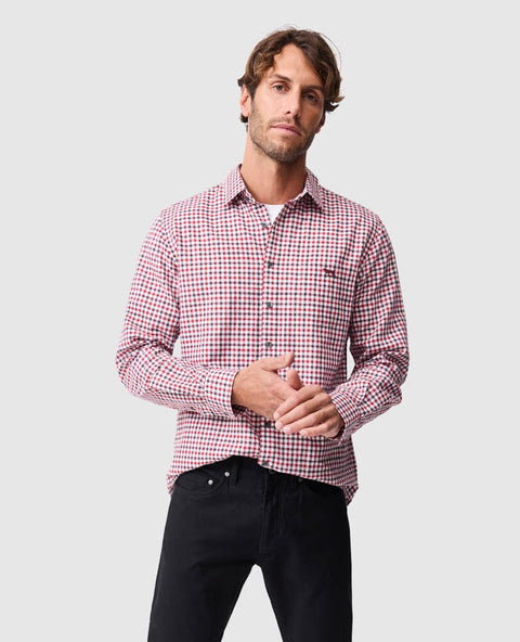 Rodd & Gunn - Gebbies Valley Linen Shirt - Check - Berry worn by model, featuring cherry, white, and navy gingham pattern.