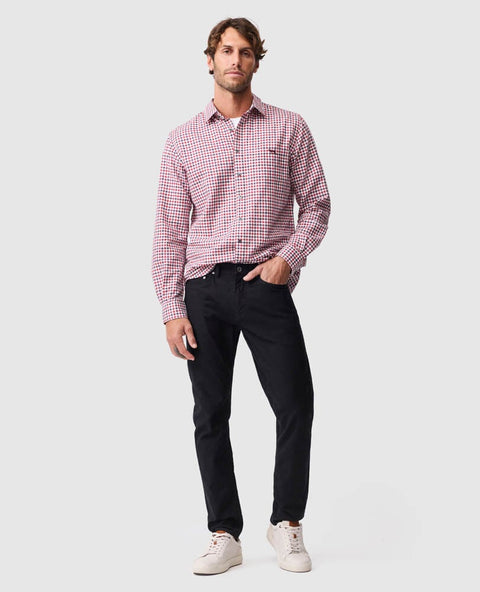 Rodd & Gunn - Gebbies Valley Linen Shirt - Check - Berry worn by a model, paired with dark pants for a stylish look.