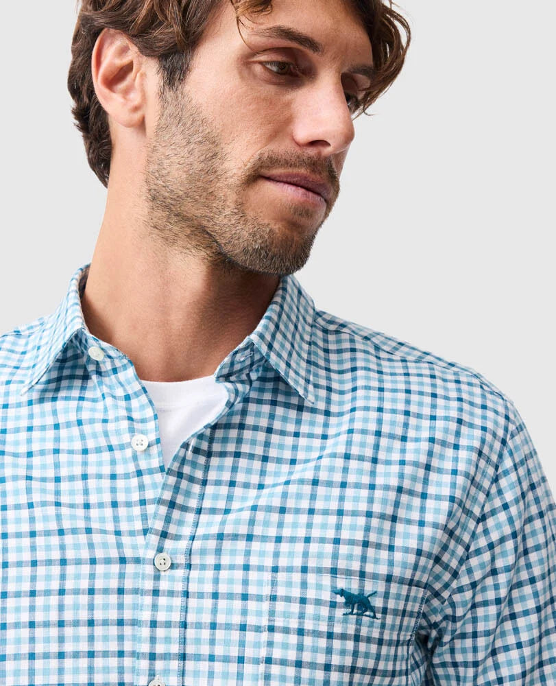 Rodd & Gunn - Gebbies Valley Linen Shirt - Check - Lagoon on a model with a close-up of the gingham pattern.