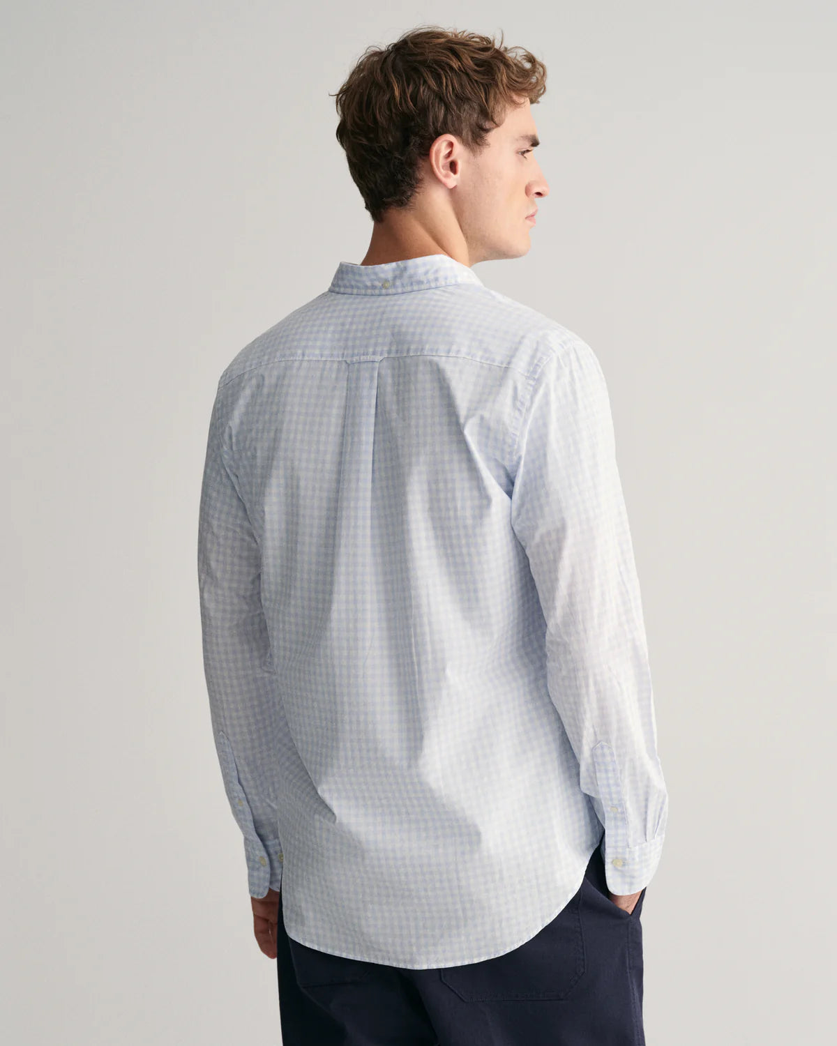 GANT - Poplin Shirt - Gingham - Light Blue & White displayed from the back, showcasing its classic design and regular fit.