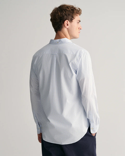 GANT - Poplin Shirt - Gingham - Light Blue & White displayed from the back, showcasing its classic design and regular fit.
