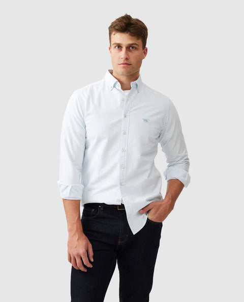 Rodd & Gunn - Gunn Oxford Shirt - Stripe - Capri - MULTIBUY worn by a man in a casual pose.