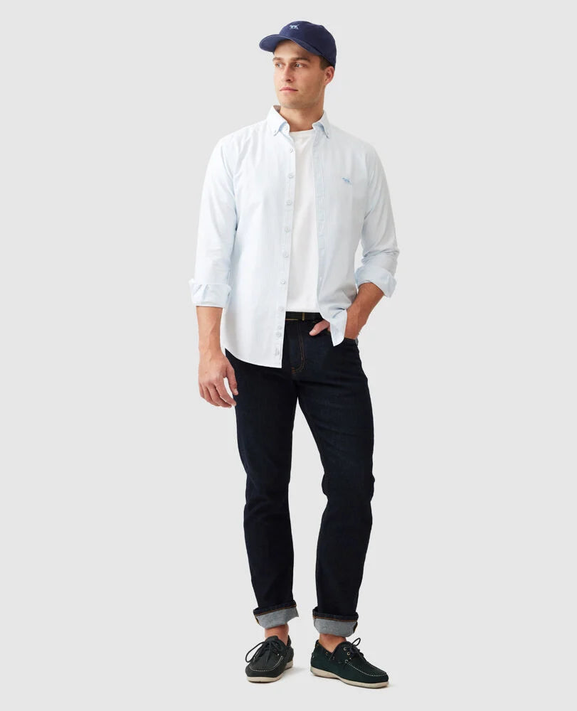 Rodd & Gunn - Gunn Oxford Shirt - Stripe - Capri - MULTIBUY, sports fit, styled with jeans and cap, showcasing casual versatility.