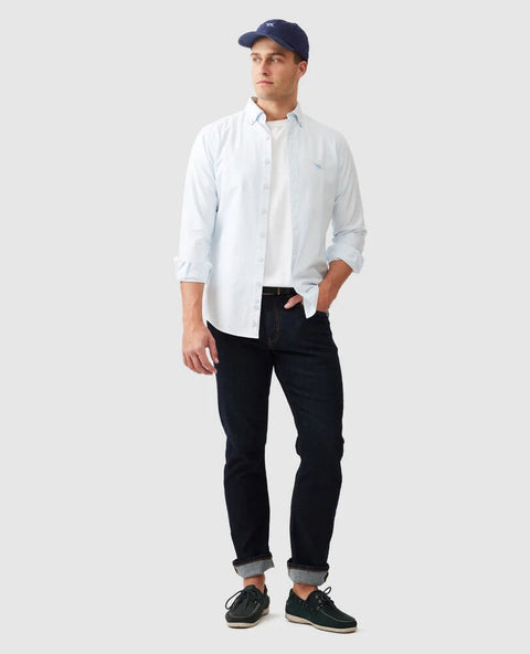 Rodd & Gunn - Gunn Oxford Shirt - Stripe - Capri - MULTIBUY, sports fit, styled with jeans and cap, showcasing casual versatility.