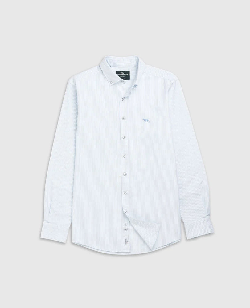 Rodd & Gunn - Gunn Oxford Shirt - Stripe - Capri - MULTIBUY, featuring a classic Bengal stripe pattern in light blue.
