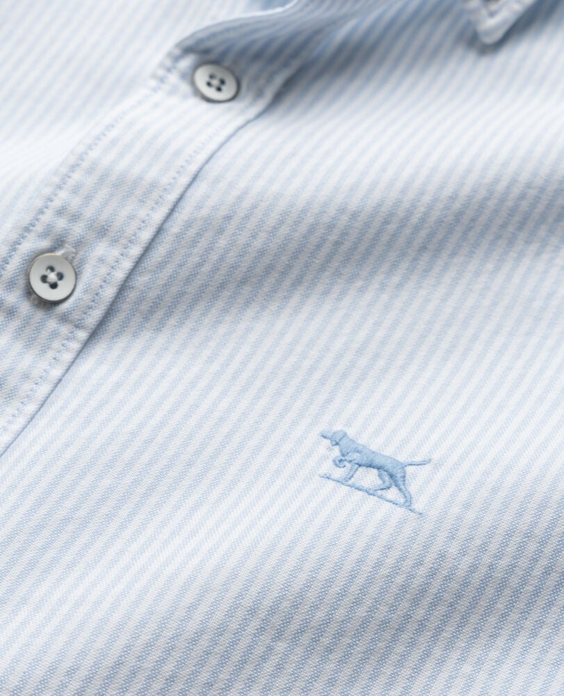 Rodd & Gunn - Gunn Oxford Shirt - Stripe - Capri - MULTIBUY featuring a close-up of light blue Bengal stripes and logo.