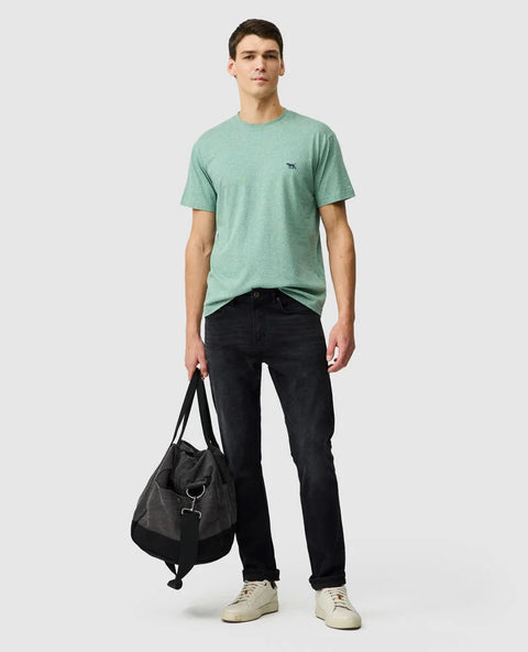 Rodd & Gunn - The Gunn T-Shirt 2.0 - Dusty Sage - MULTIBUY worn by a model with a bag.