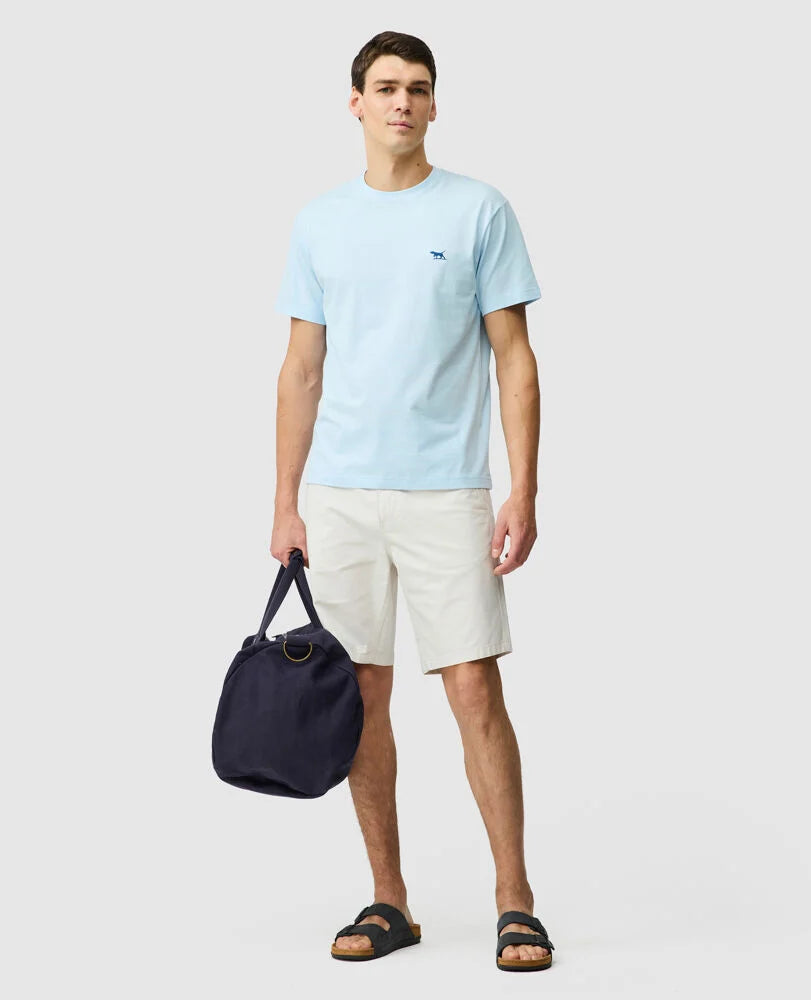 Rodd & Gunn - The Gunn T-Shirt 2.0 - Ice Blue - MULTIBUY worn by model with navy bag and shorts.