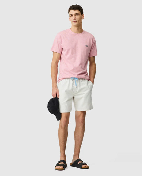 Rodd & Gunn - The Gunn T-Shirt 2.0 - Orchid - MULTIBUY worn by a model styled with shorts and sandals.