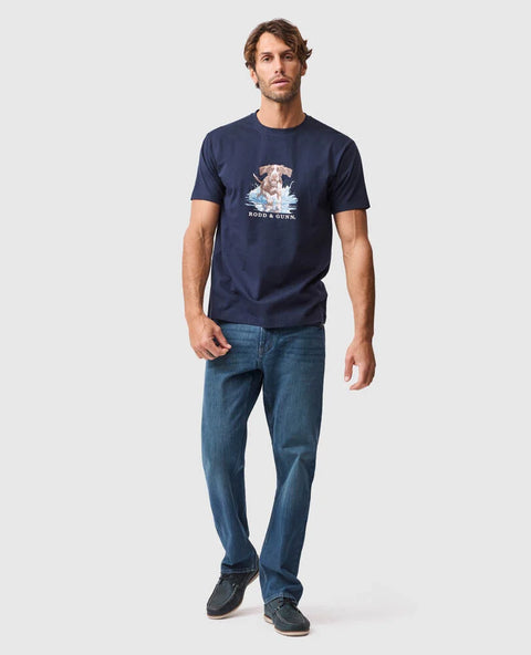 Rodd & Gunn - Gunner Track T-Shirt - Midnight worn by a model featuring a chest print and slim sport-fit design.