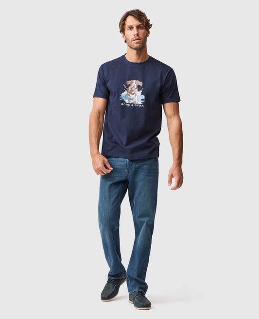 Rodd & Gunn - Gunner Track T-Shirt - Midnight worn by a model featuring a chest print and slim sport-fit design.