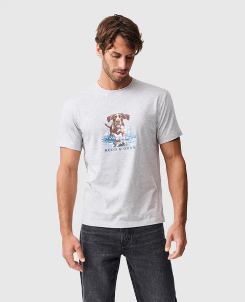 Rodd & Gunn - Gunners Track T-Shirt - Pebble worn by a model, featuring a chest print of Gunner.