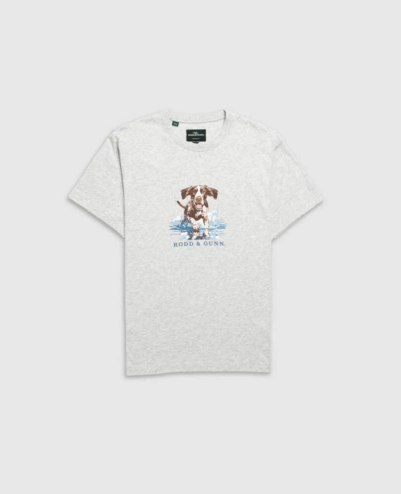 Rodd & Gunn - Gunners Track T-Shirt - Pebble featuring a chest print of an English pointer.