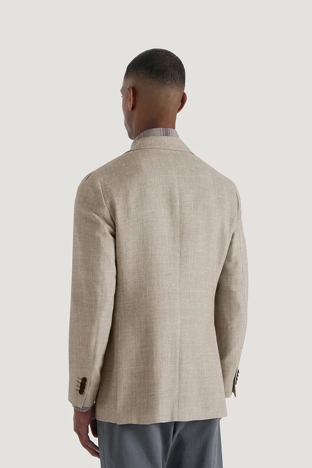 M.J.Bale - Hailwood Jacket - Light Brown displayed from the back, highlighting textured wool, linen, and silk blend.