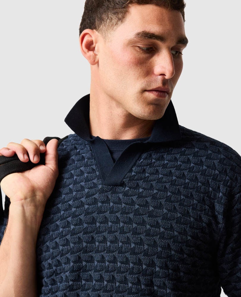 Rodd & Gunn - Halken Knit Polo - Midnight close-up showcasing geometric knit pattern and relaxed fit.