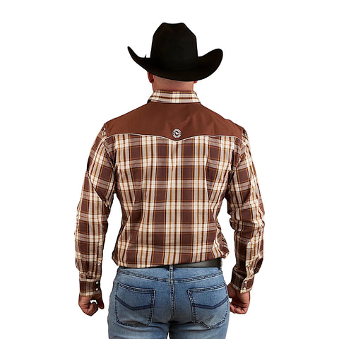 Back view of a man wearing the Ringers Western - Hamersley Western Shirt - Chocolate with a cowboy hat.
