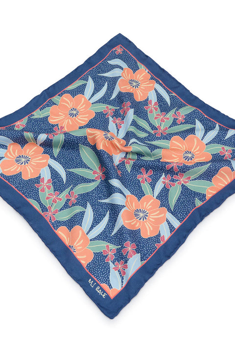 M.J. Bale - Hana Pocket Square - Navy featuring exclusive floral prints on fine silk twill.
