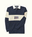 Navy and beige long-sleeve rugby shirt with 'PMW' logo on a white background