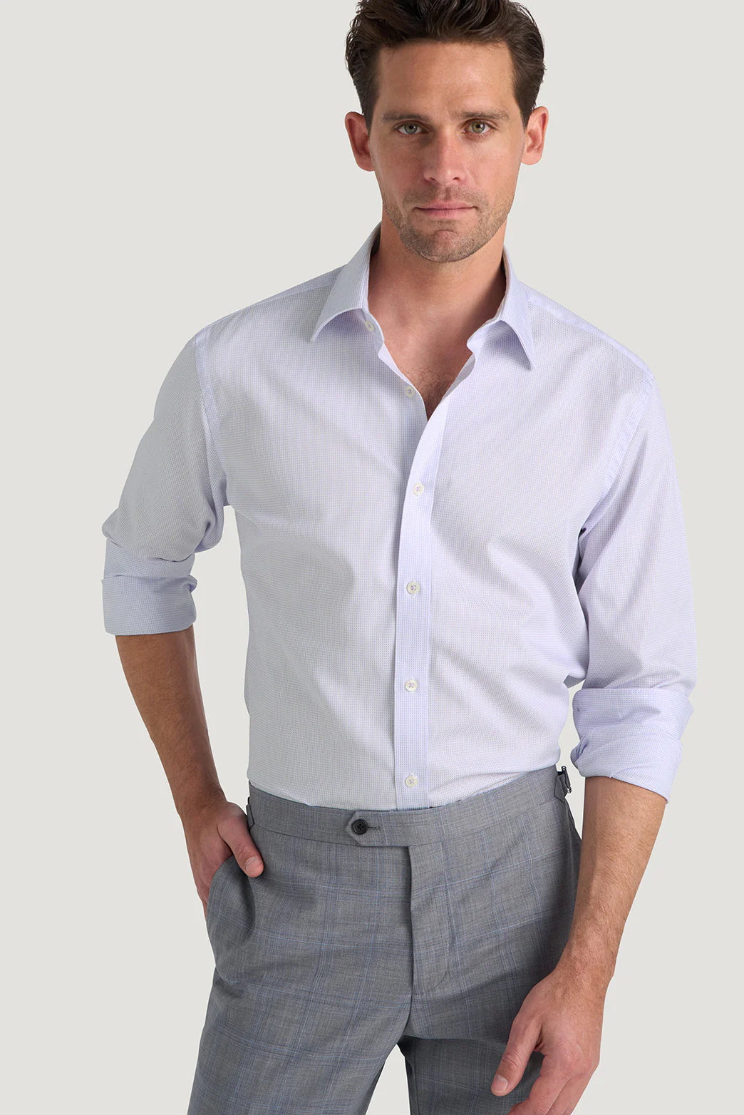 M.J. Bale - Hewitt Shirt - Dobby Weave - Lilac - MULTIBUY worn by a model, showcasing cotton fabric and tailored fit.
