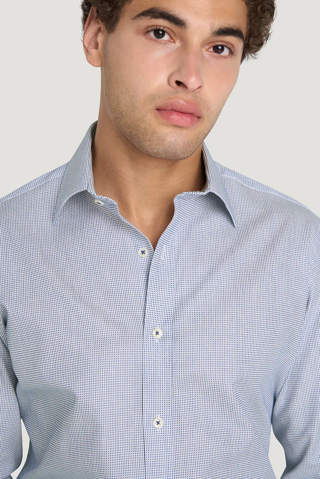 M.J. Bale - Hewitt Shirt - Dobby Weave - Navy - MULTIBUY worn by a model, showcasing its refined cotton fabric and tailored style.